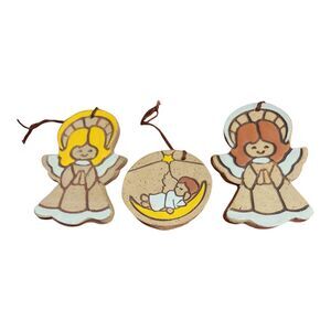 Vintage Hand Painted Clay Angel Christmas Ornaments Set Of 3 Folk Art Primitive